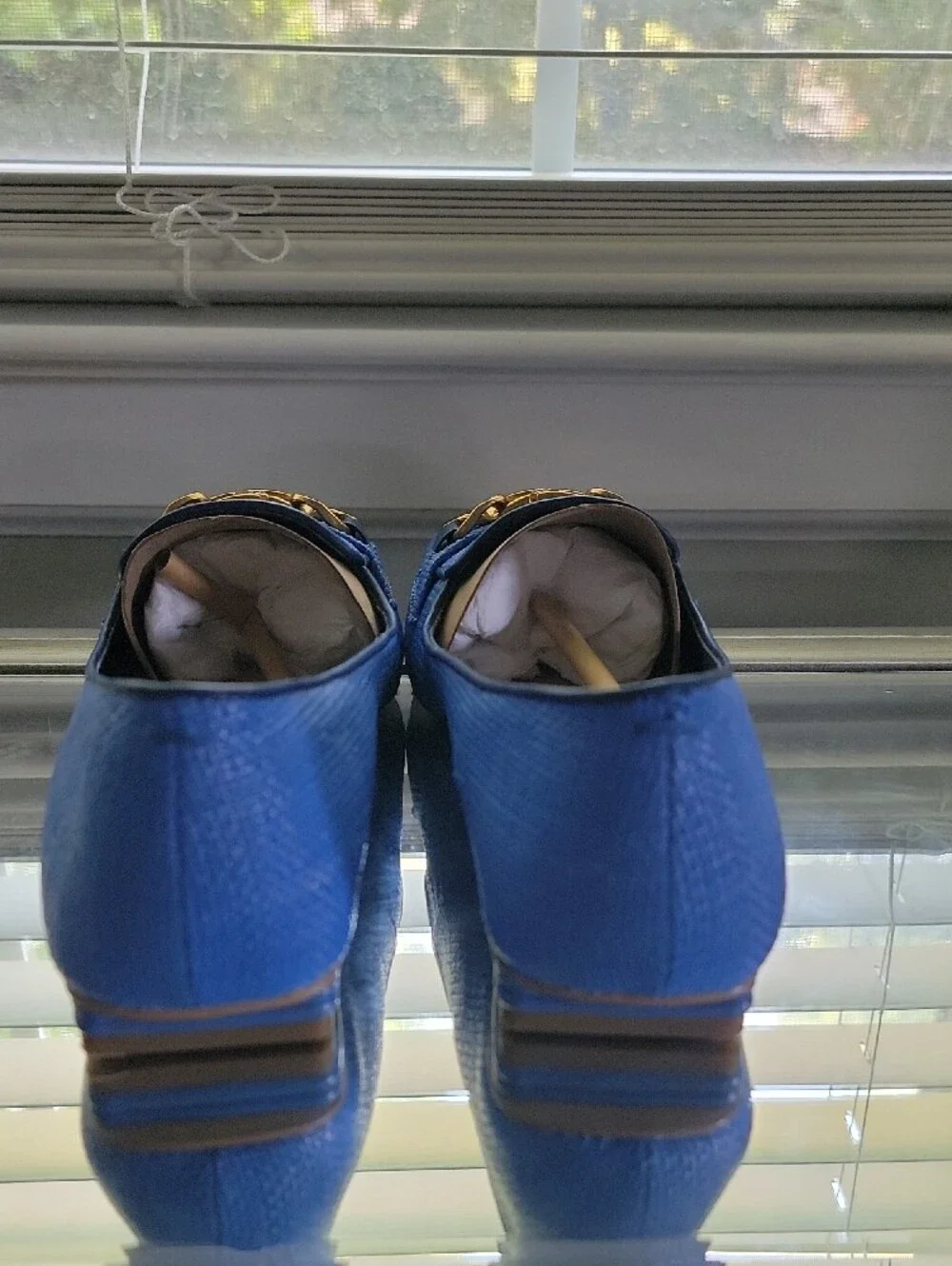 Franco Sarto Royal Blue Loafers with Gold Chain & Tan Trim